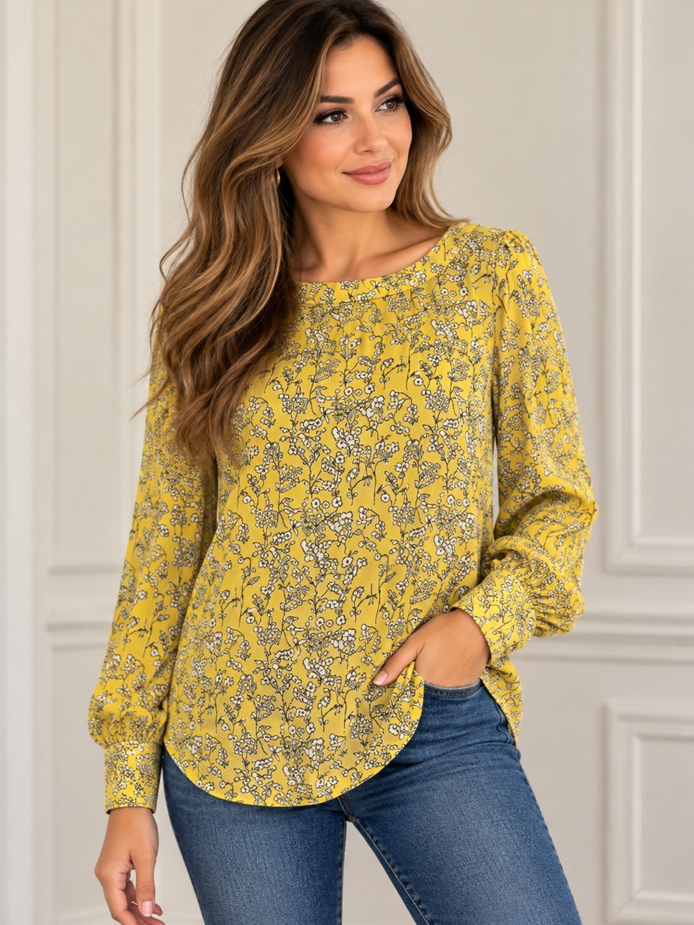 Banana Republic Yellow Floral Long Puff-Sleeve Blouse.